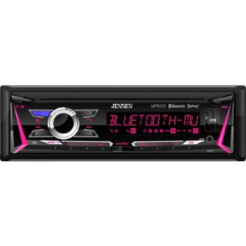Jensen MPR2121 mechless receiver front view with red and purple RGB illumination